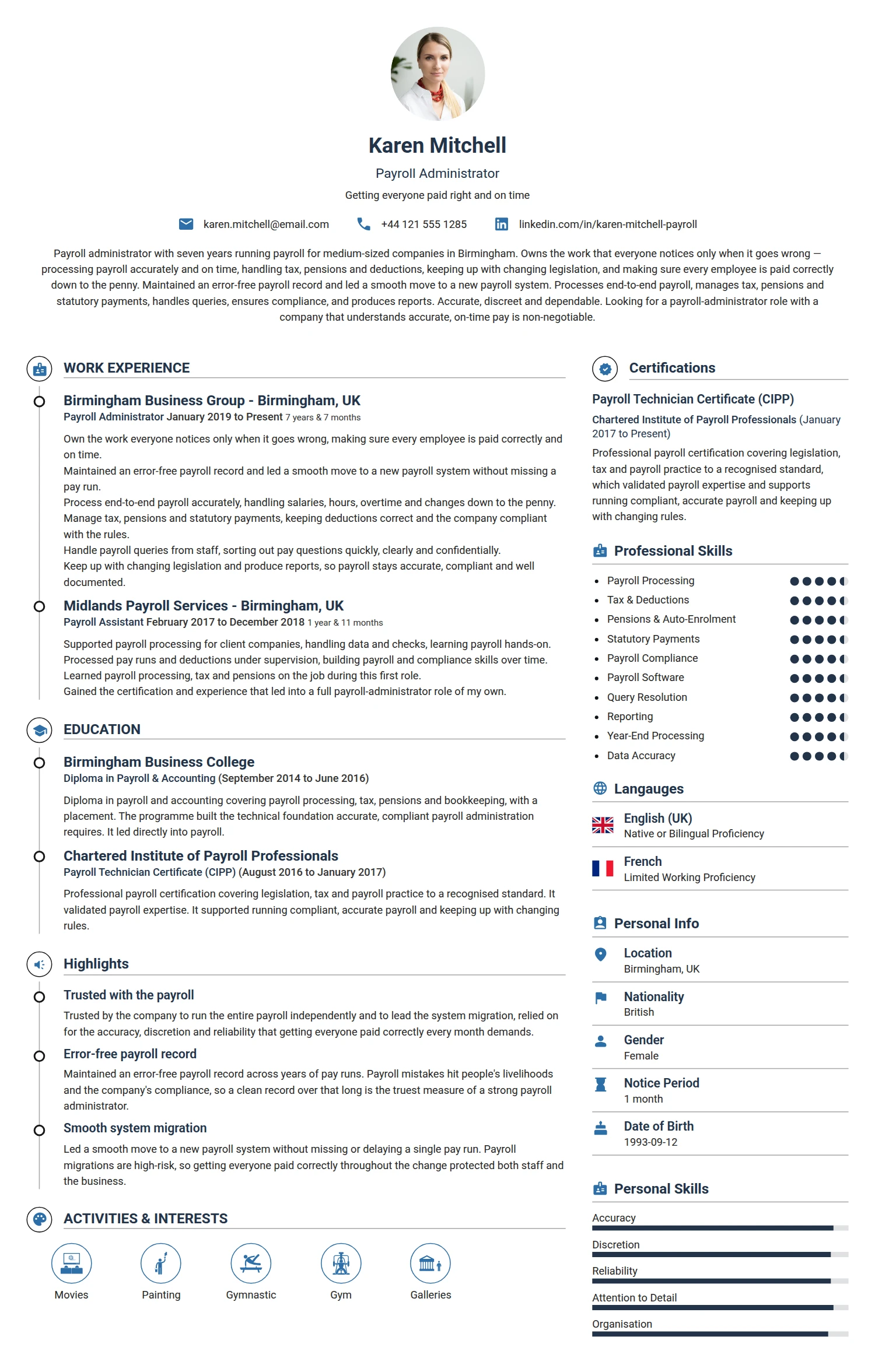 Payroll Administrator resume example — a professionally formatted Accounting/Auditing CV sample