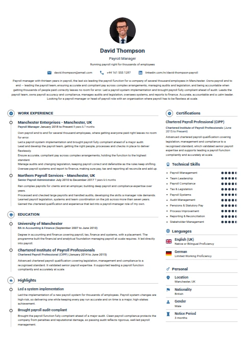 Payroll Manager resume example