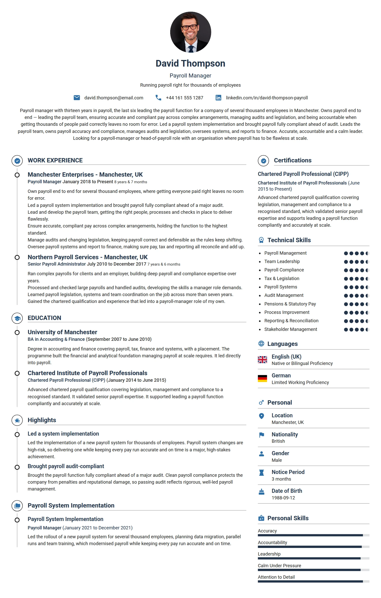 Payroll Manager resume example — a professionally formatted Accounting/Auditing CV sample