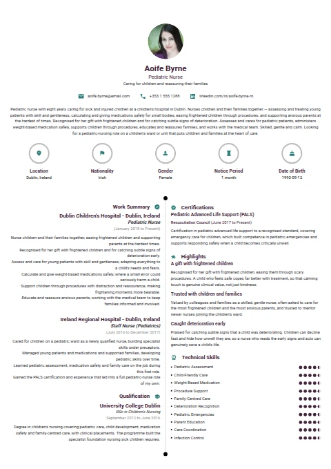 Pediatric Nurse resume example