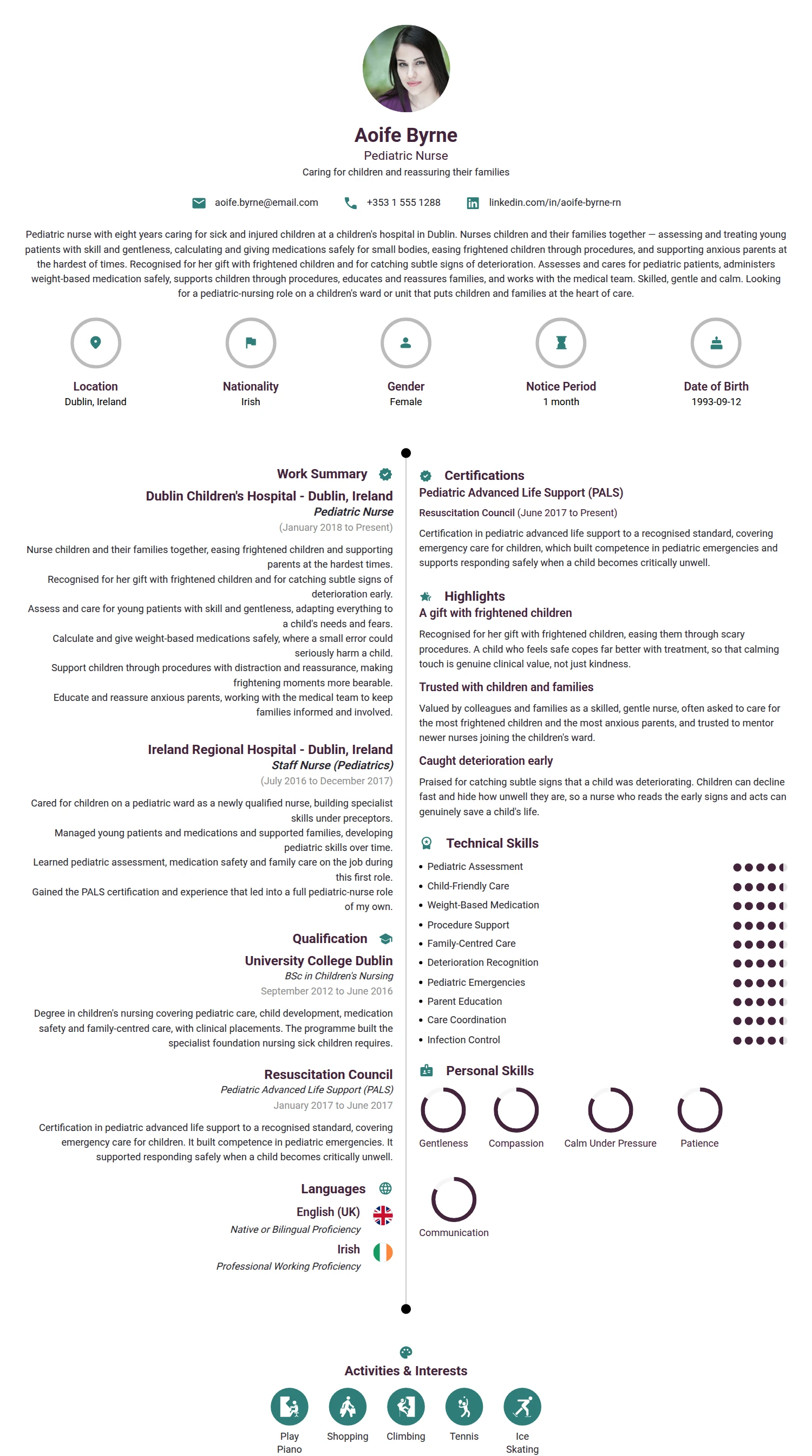 Pediatric Nurse resume example — a professionally formatted Medical & Healthcare CV sample