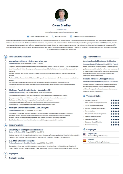 Pediatrician resume example