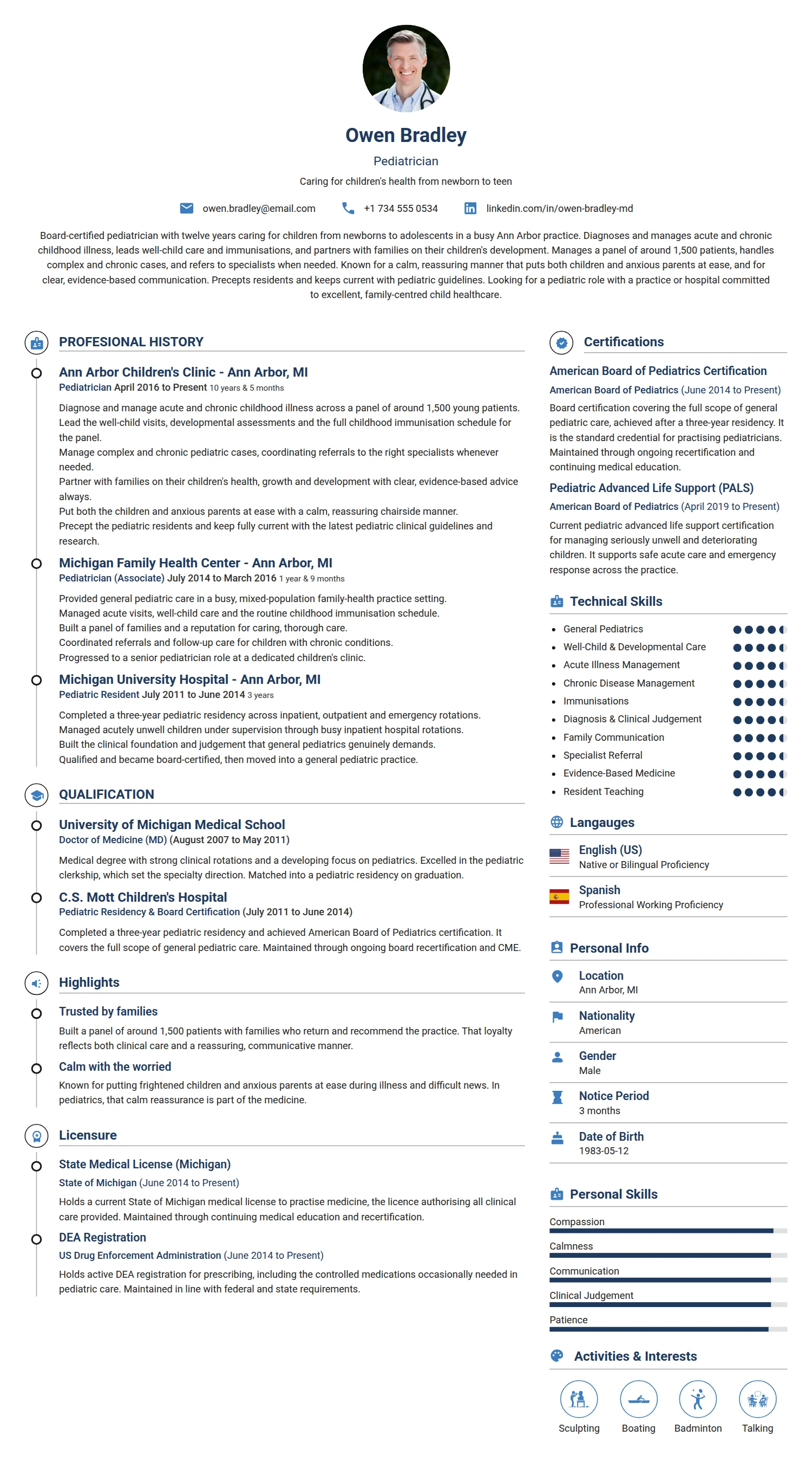 Pediatrician resume example — a professionally formatted Medical & Healthcare CV sample