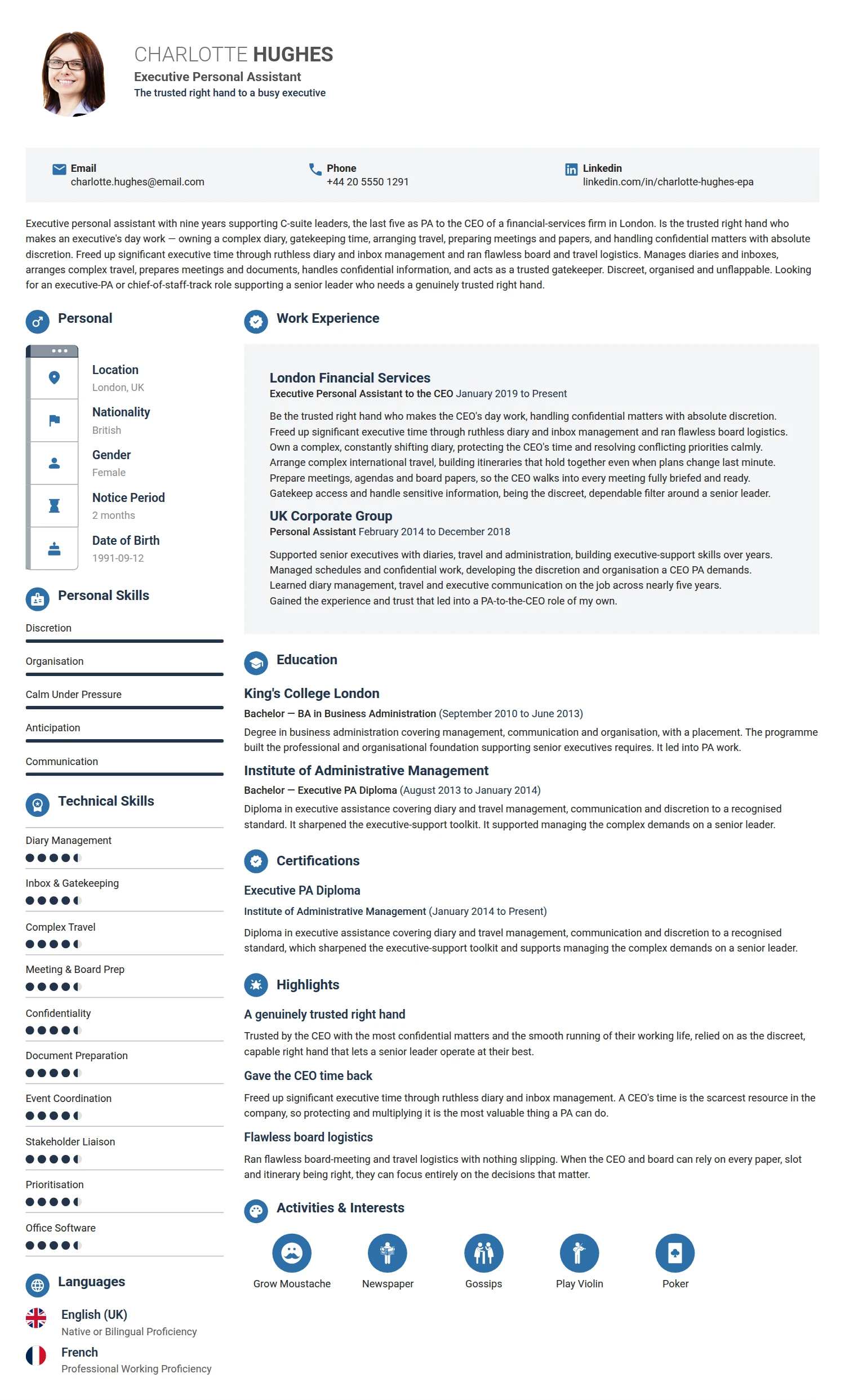 Personal Assistant resume example — a professionally formatted Administration CV sample