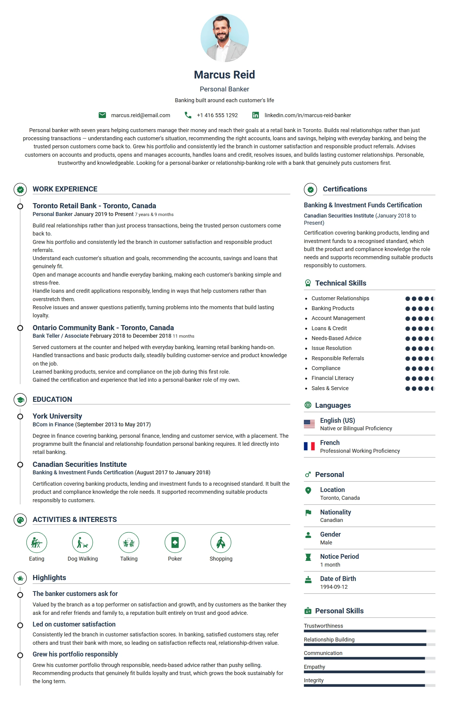 Personal Banker resume example — a professionally formatted Financial Services & Banking CV sample
