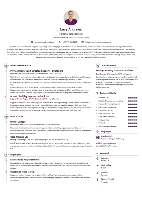 Personal Care Assistant resume example — a professionally formatted Sports & Fitness CV sample