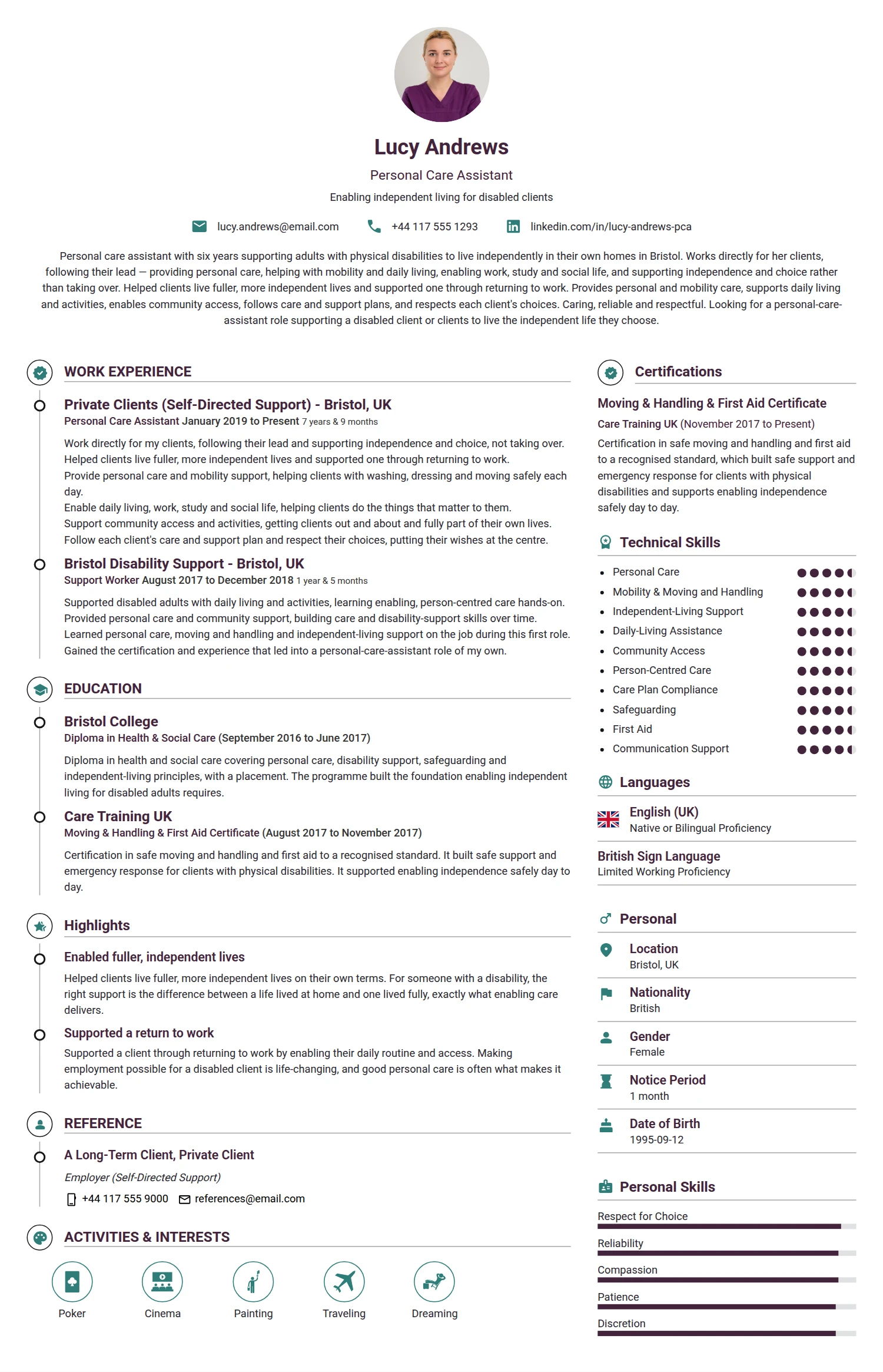 Personal Care Assistant resume example — a professionally formatted Sports & Fitness CV sample
