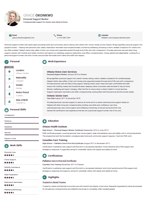 Personal Support Worker resume example