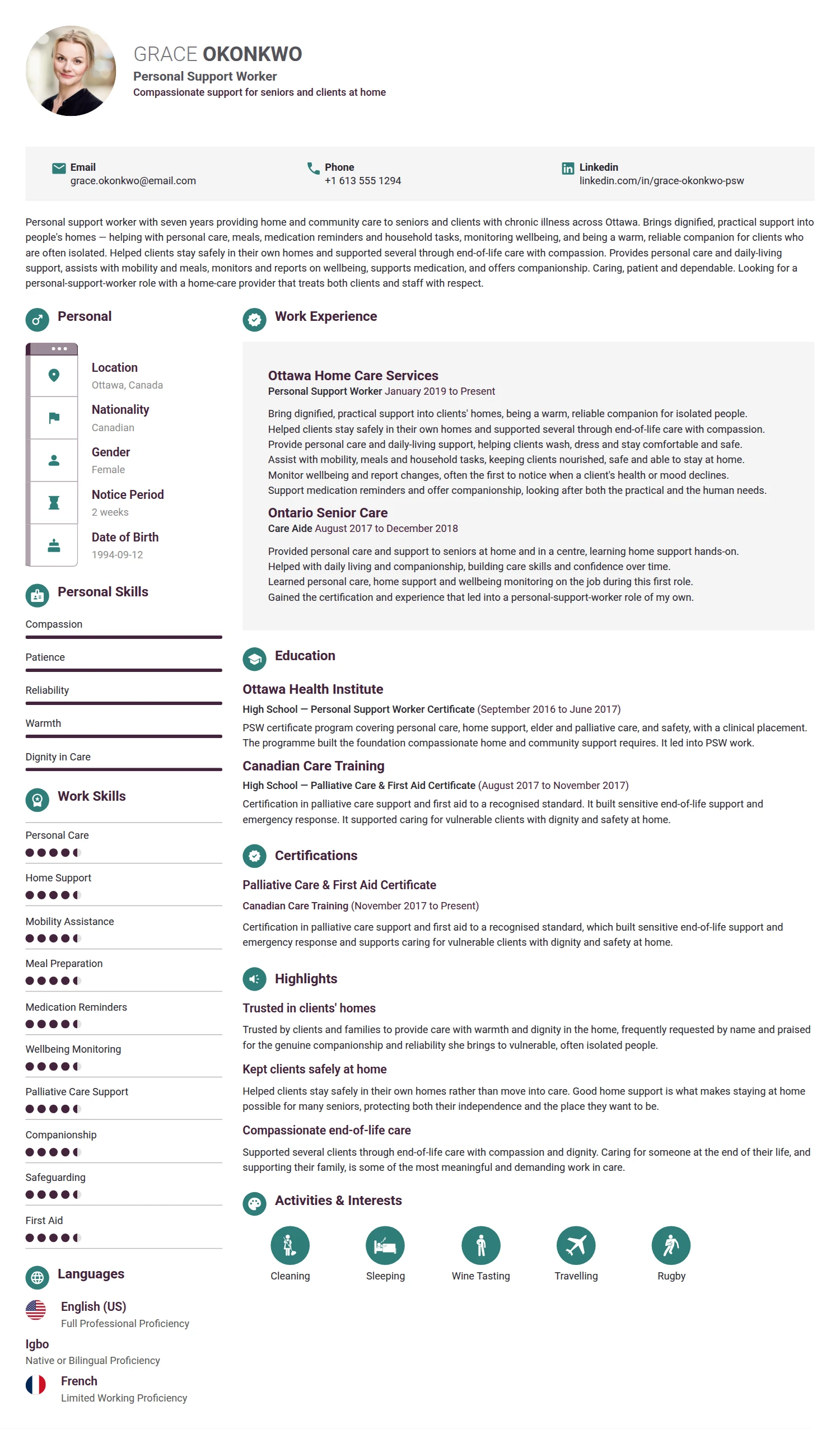 Personal Support Worker resume example — a professionally formatted Misc CV sample