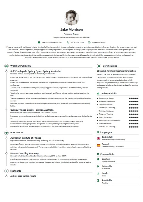 Personal Trainer resume example — a professionally formatted Business Management CV sample