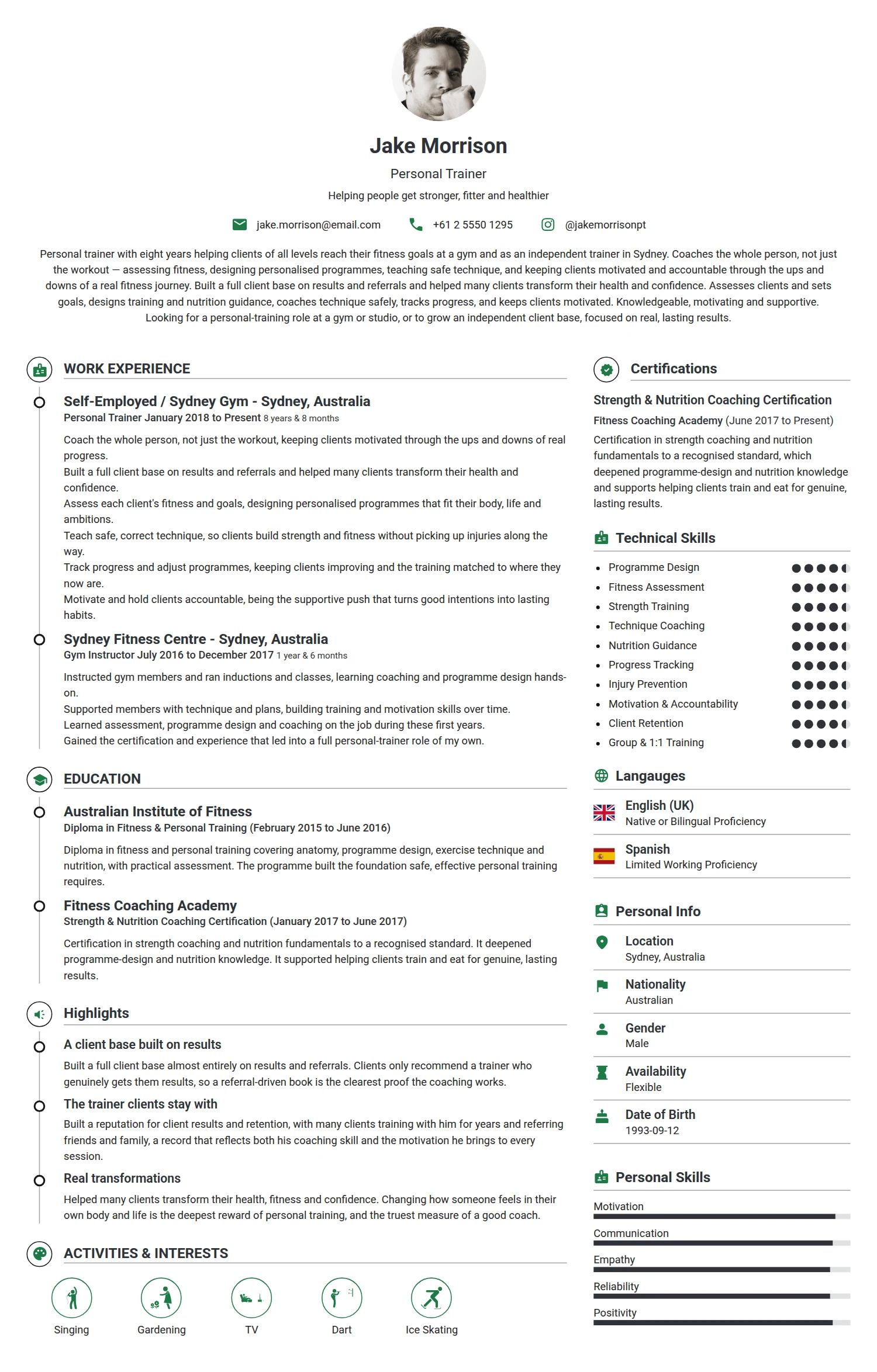Personal Trainer resume example — a professionally formatted Business Management CV sample