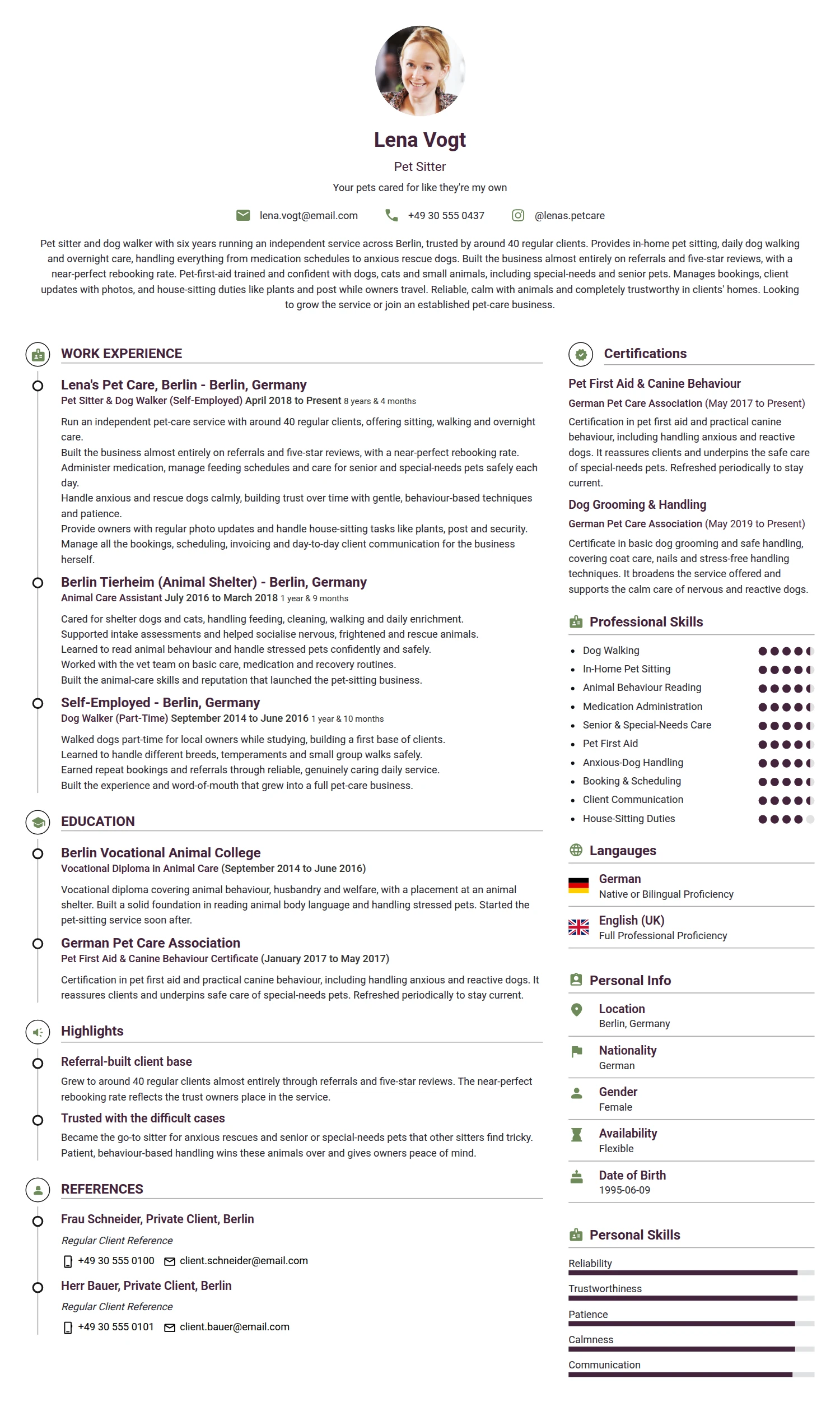 Pet Sitter resume example — a professionally formatted Animal Care CV sample