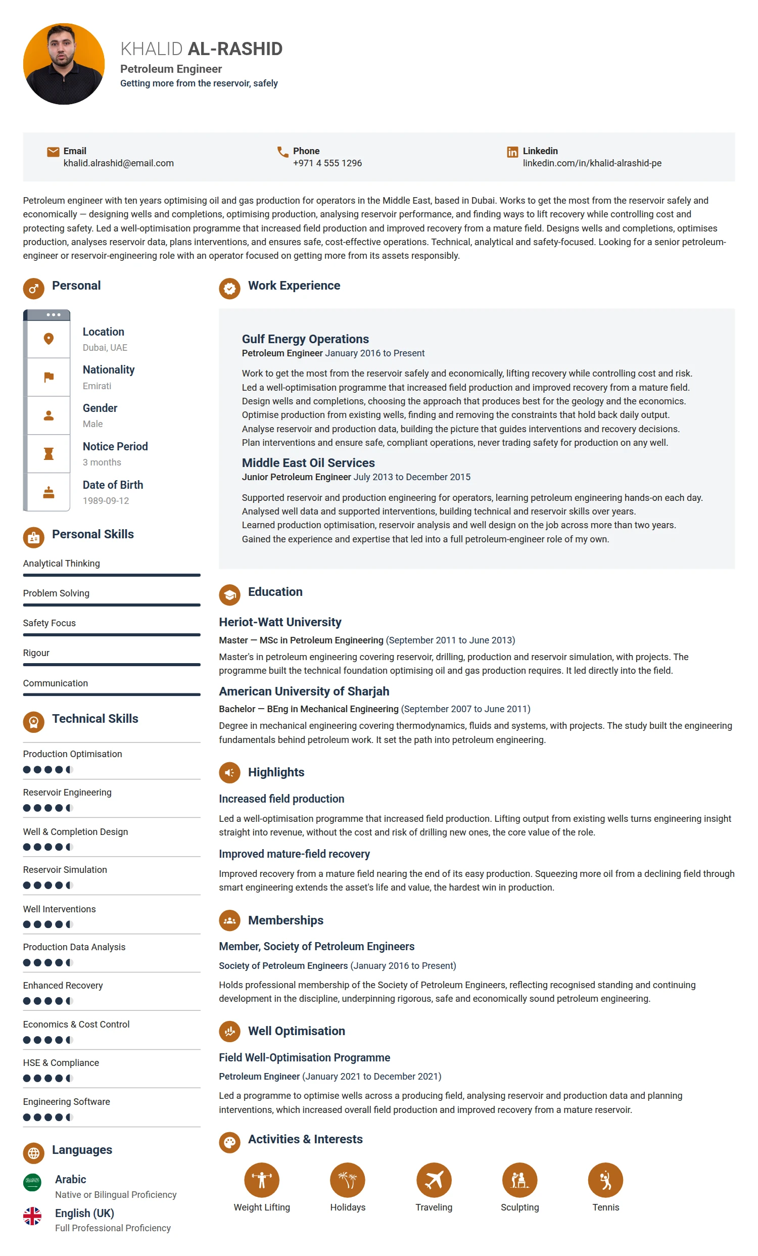 Petroleum Engineer resume example — a professionally formatted Engineering CV sample