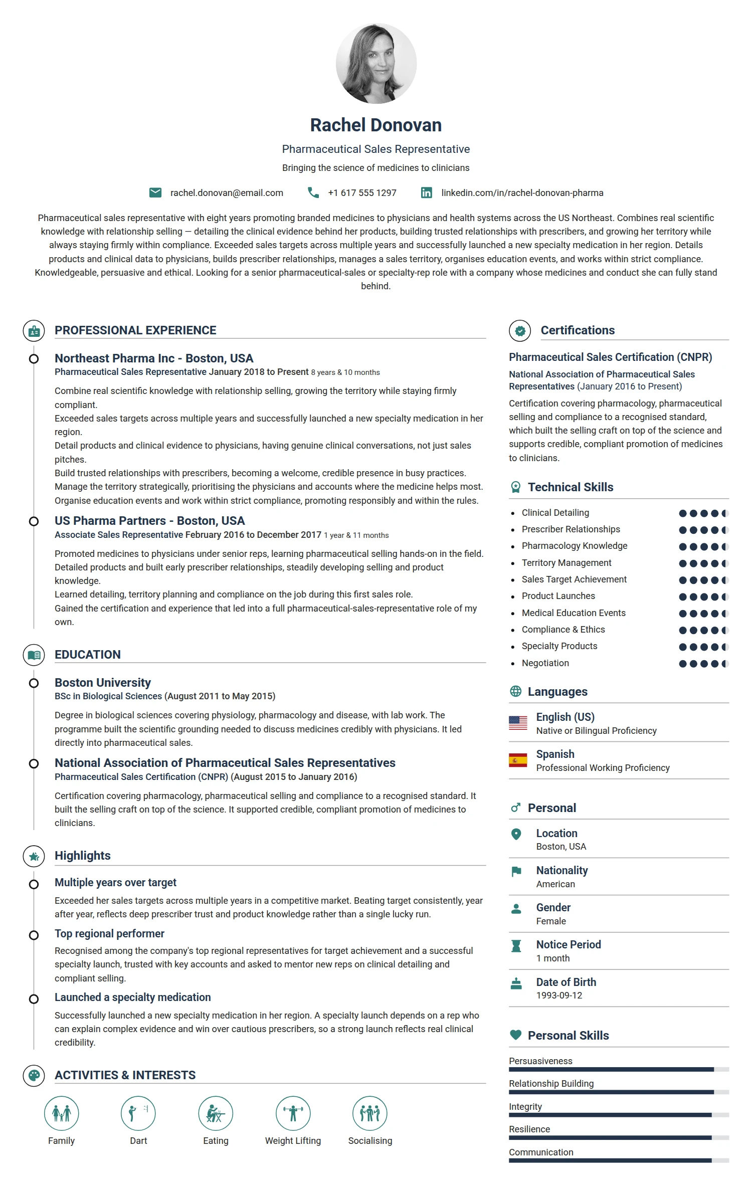 Pharmaceutical Sales Representative resume example — a professionally formatted Sales CV sample