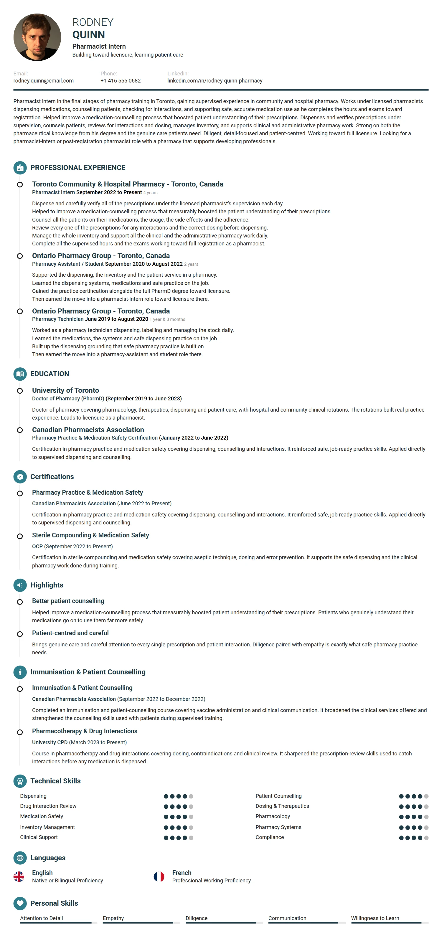 Pharmacist Intern resume example — a professionally formatted Science & Research CV sample