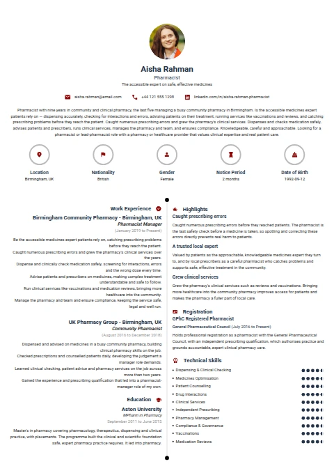 Pharmacist resume example — a professionally formatted Medical & Healthcare CV sample
