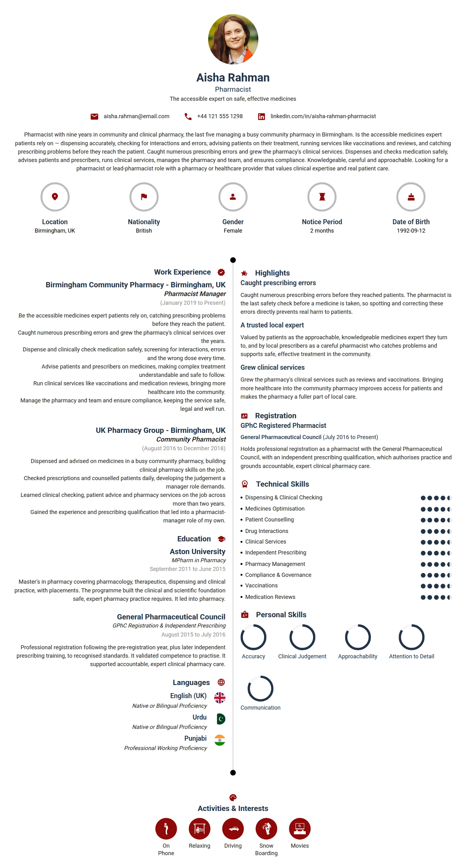 Pharmacist resume example — a professionally formatted Medical & Healthcare CV sample