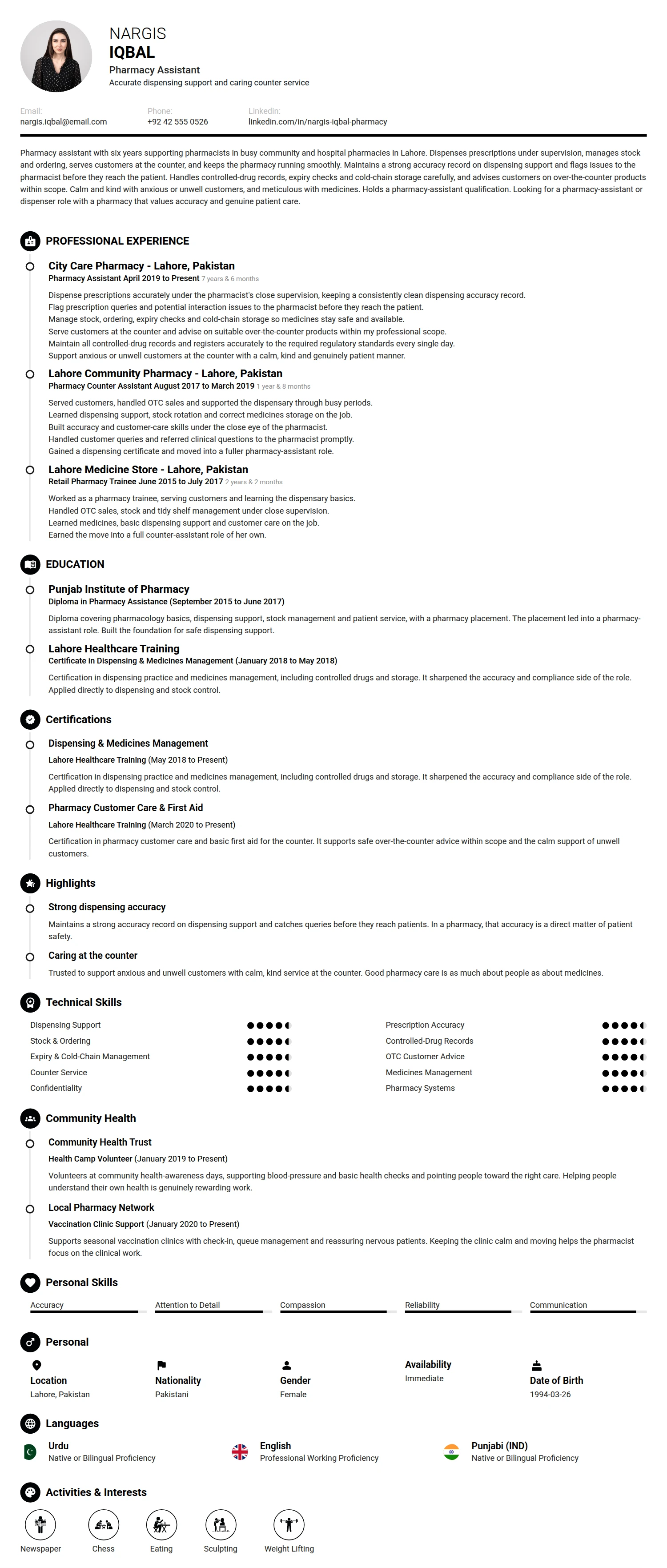 Pharmacy Assistant resume example — a professionally formatted Medical & Healthcare CV sample