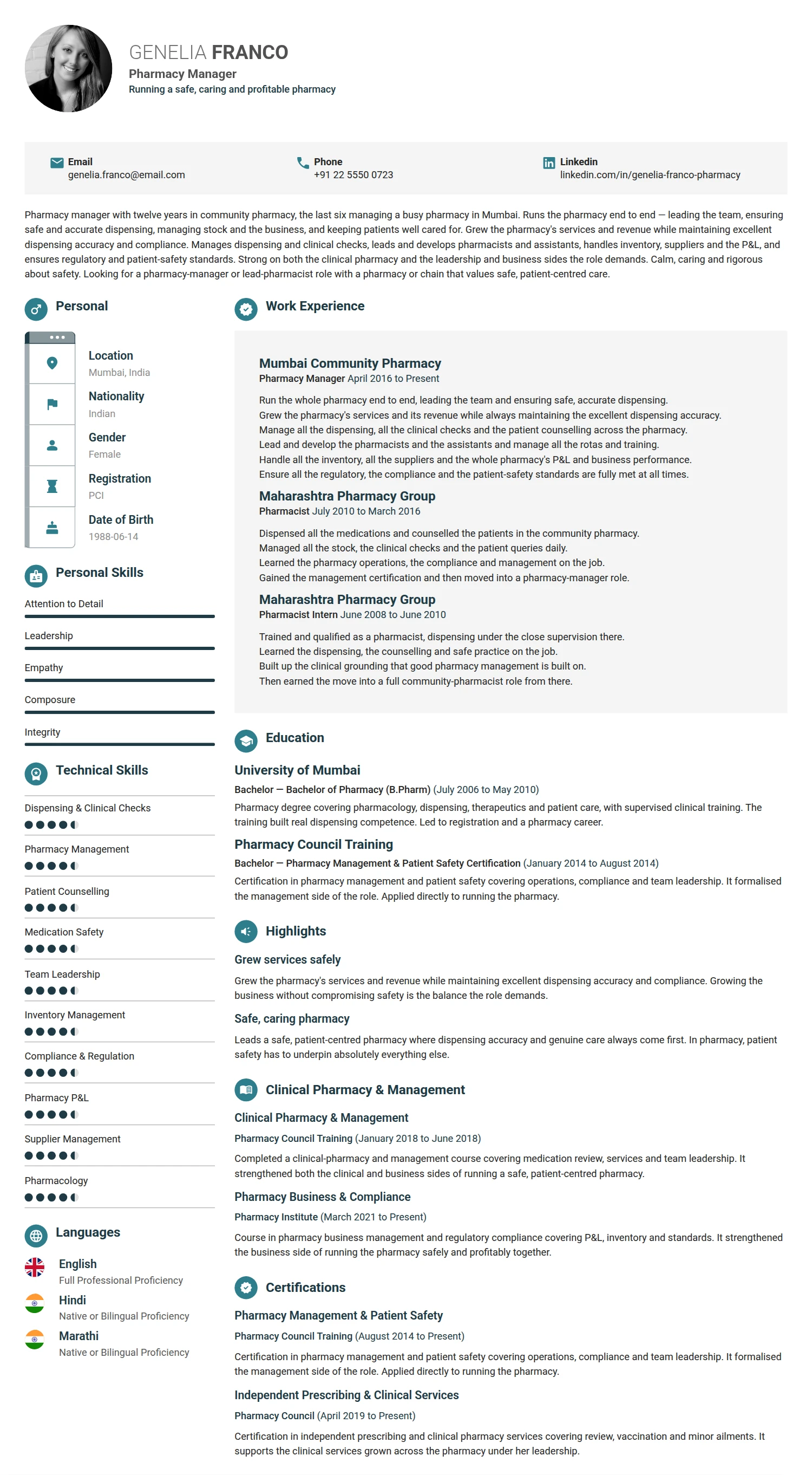 Pharmacy Manager resume example — a professionally formatted Medical & Healthcare CV sample