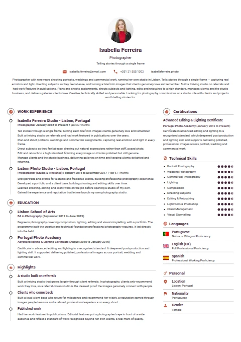Photographer resume example