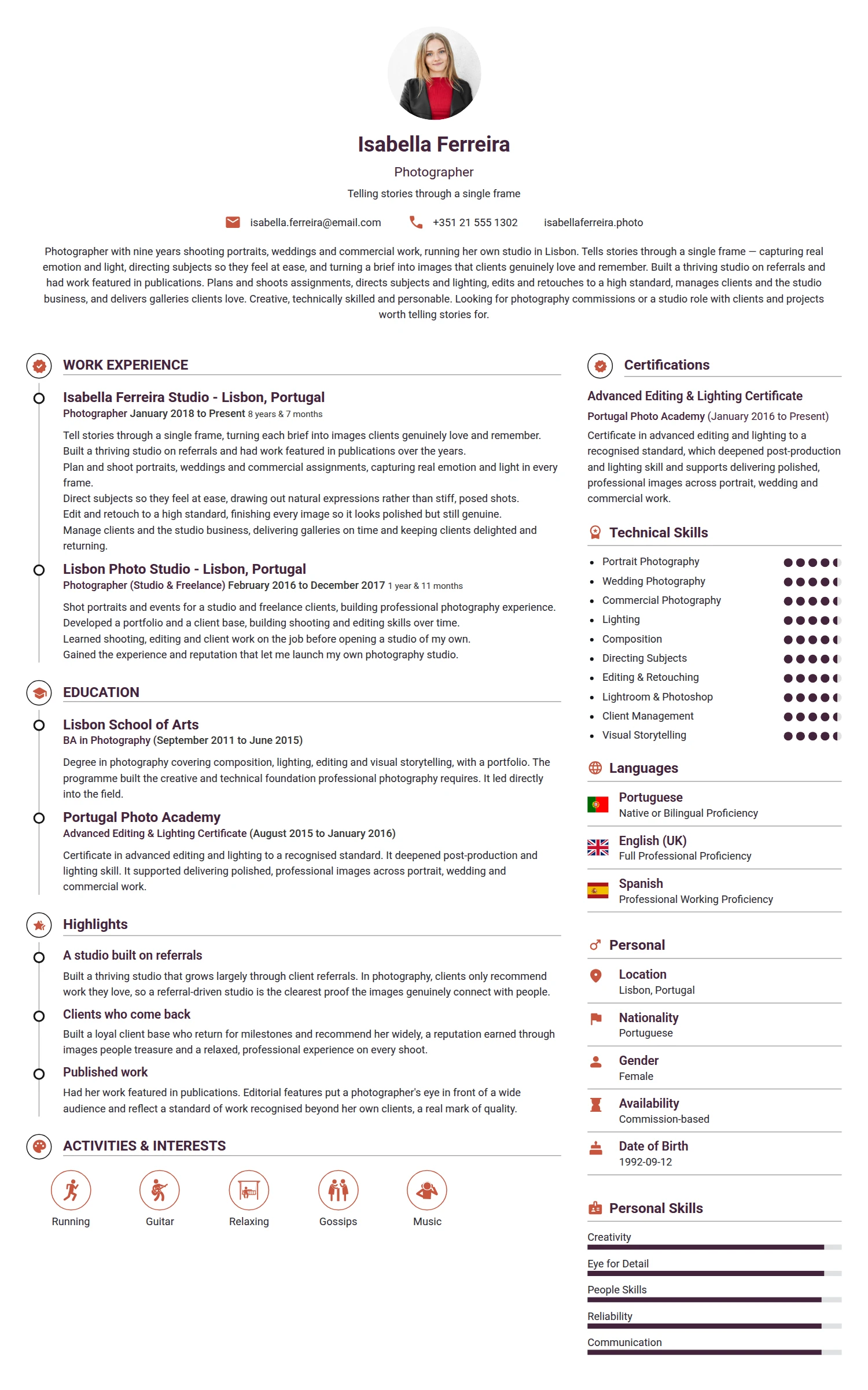 Photographer resume example — a professionally formatted Art/Creative/Design CV sample
