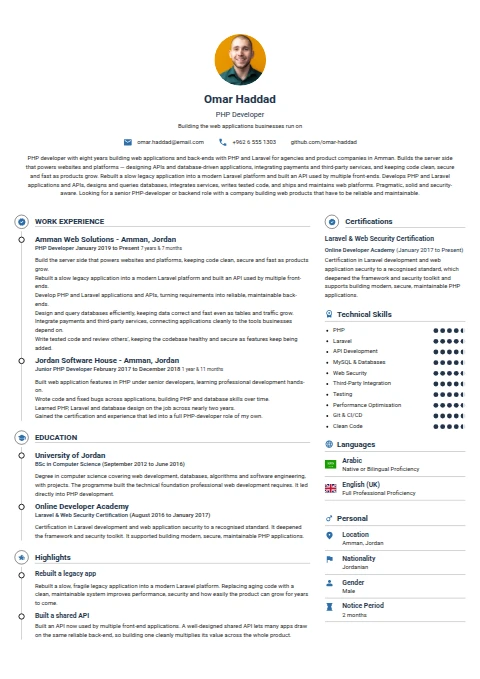 PHP Developer resume example