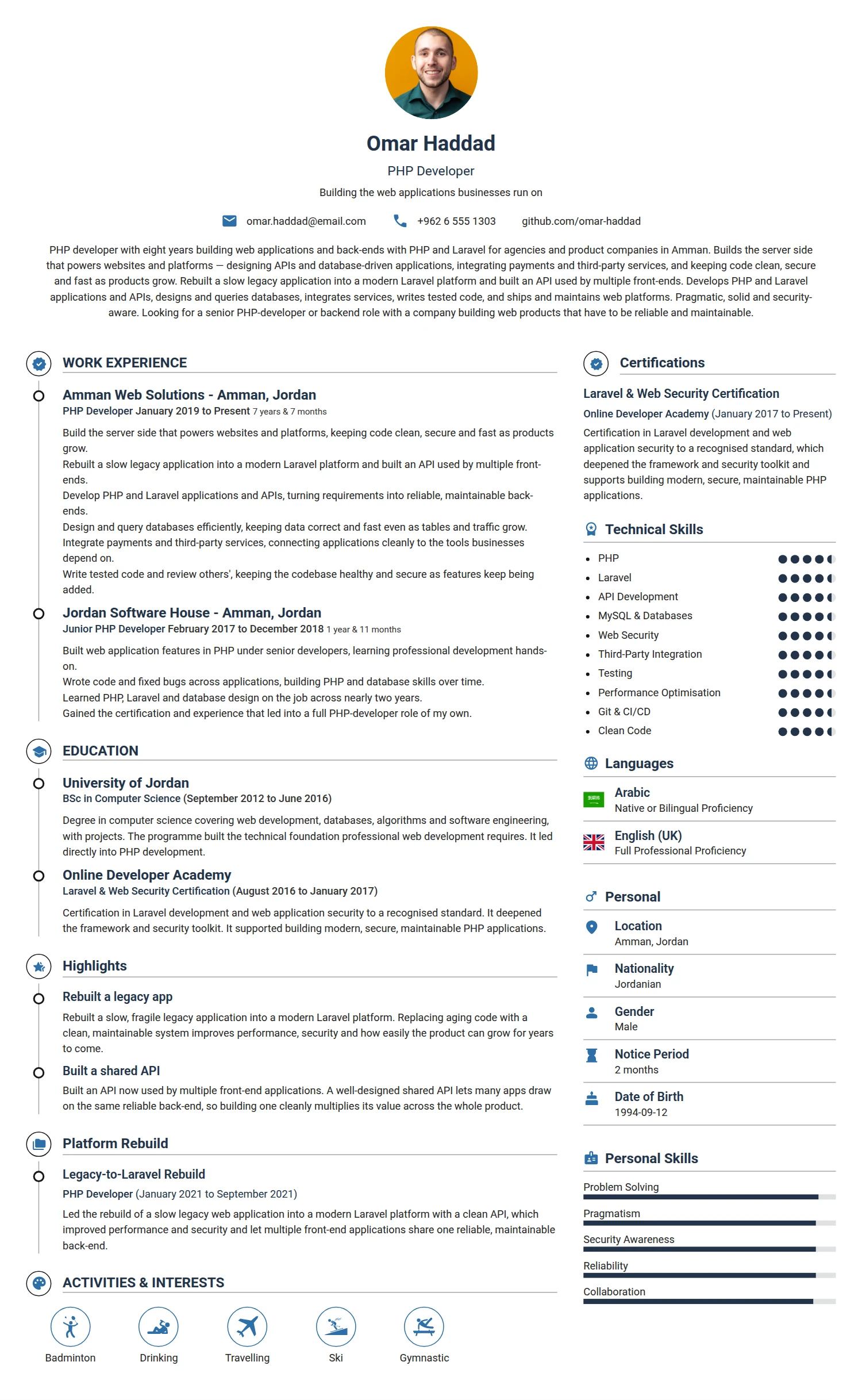 PHP Developer resume example — a professionally formatted Software Development & IT CV sample