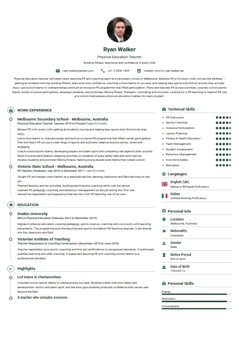 Physical Education Teacher resume example
