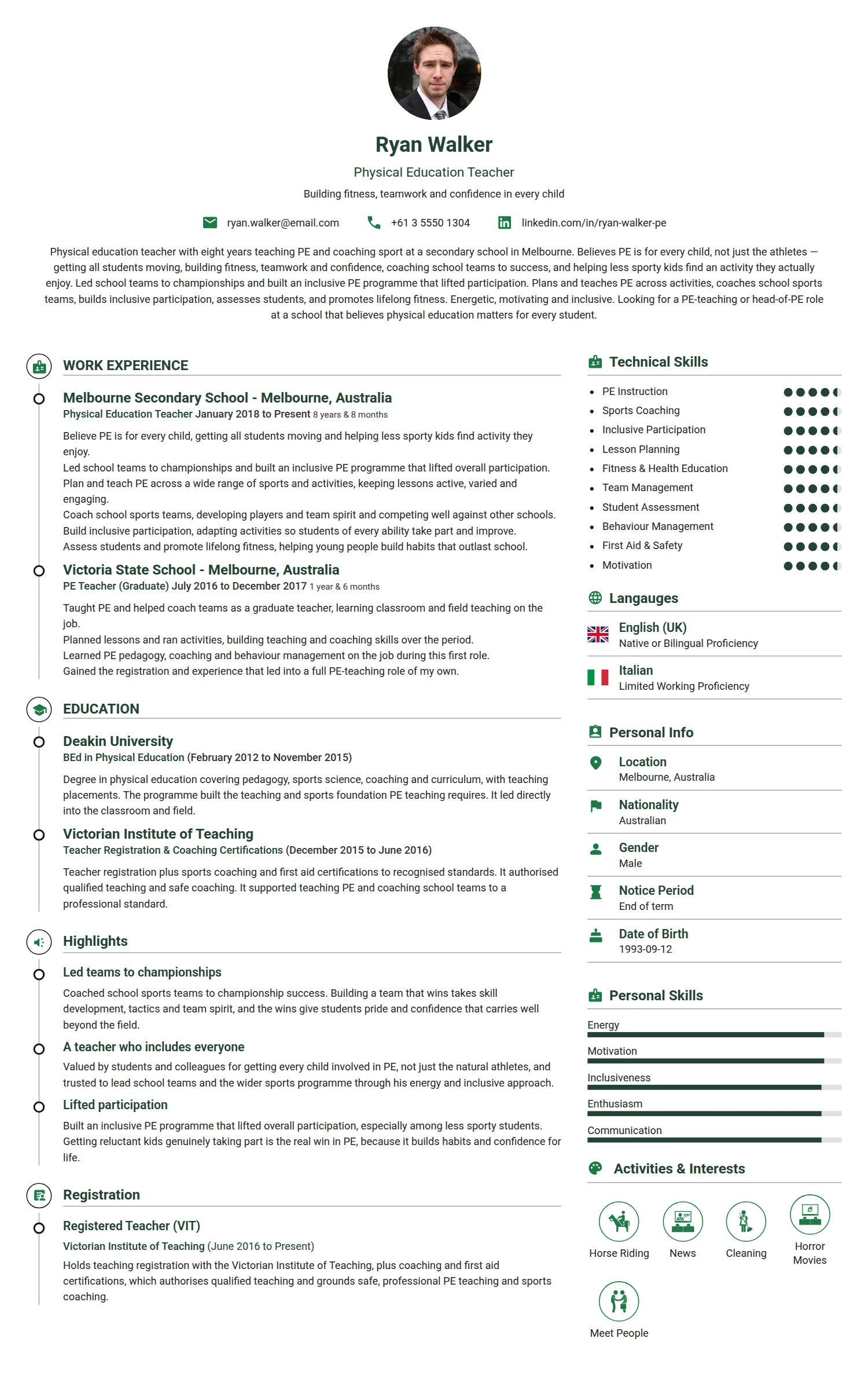 Physical Education Teacher resume example — a professionally formatted Education CV sample