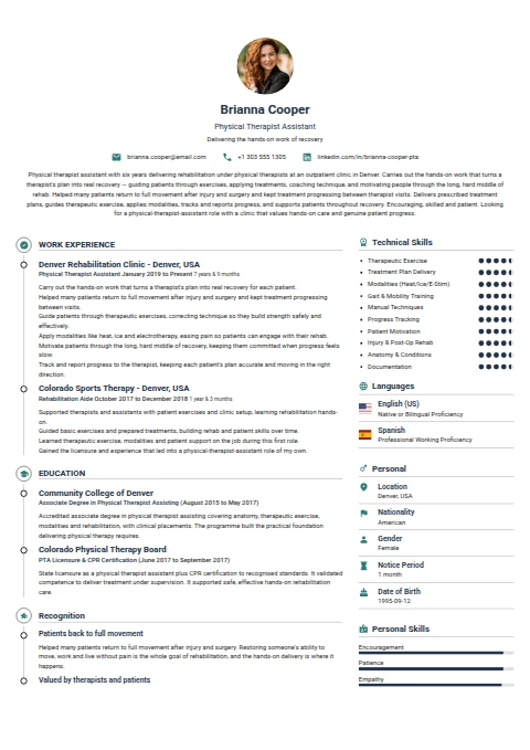 Physical Therapist Assistant resume example