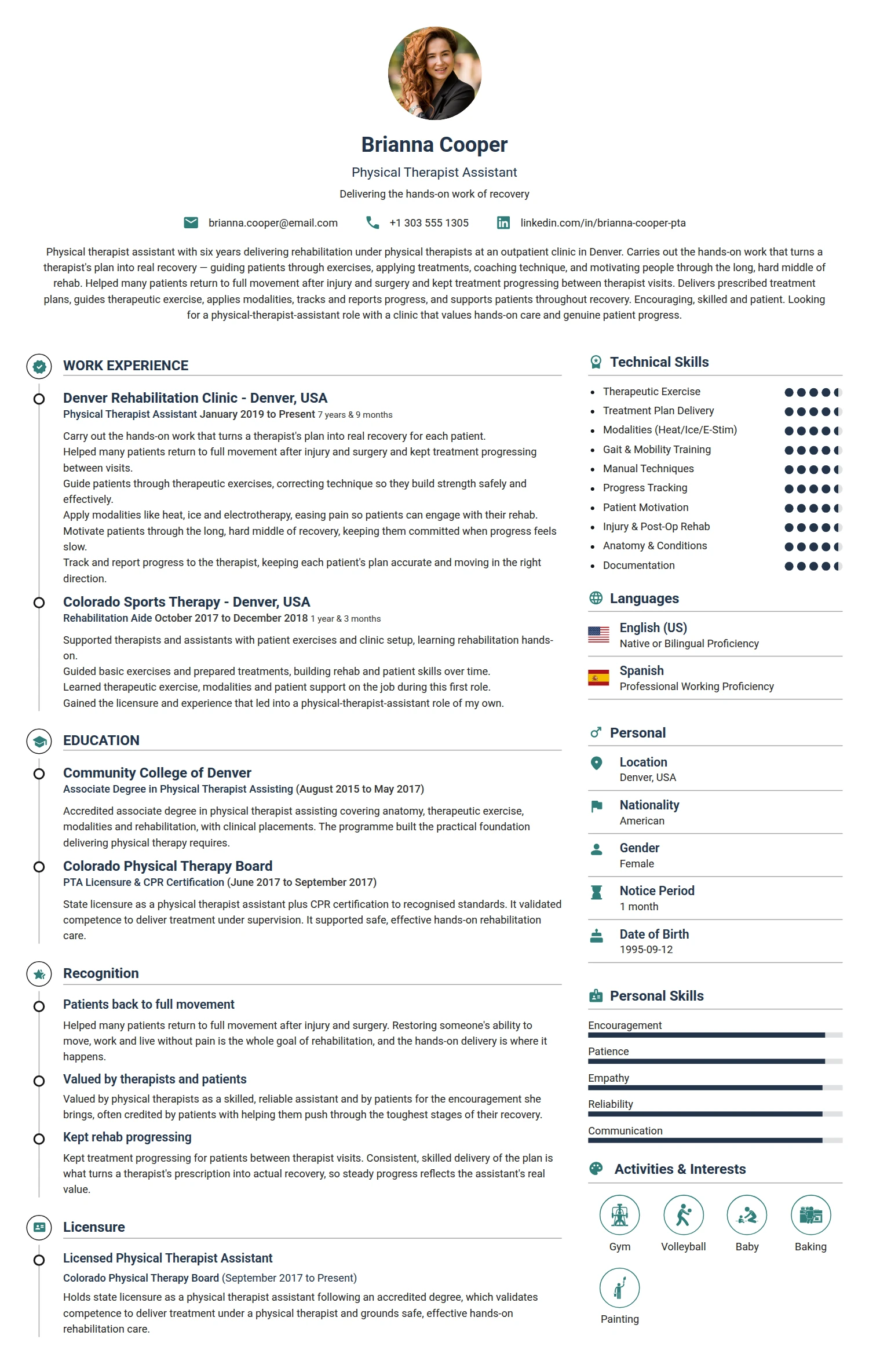 Physical Therapist Assistant resume example — a professionally formatted Medical & Healthcare CV sample