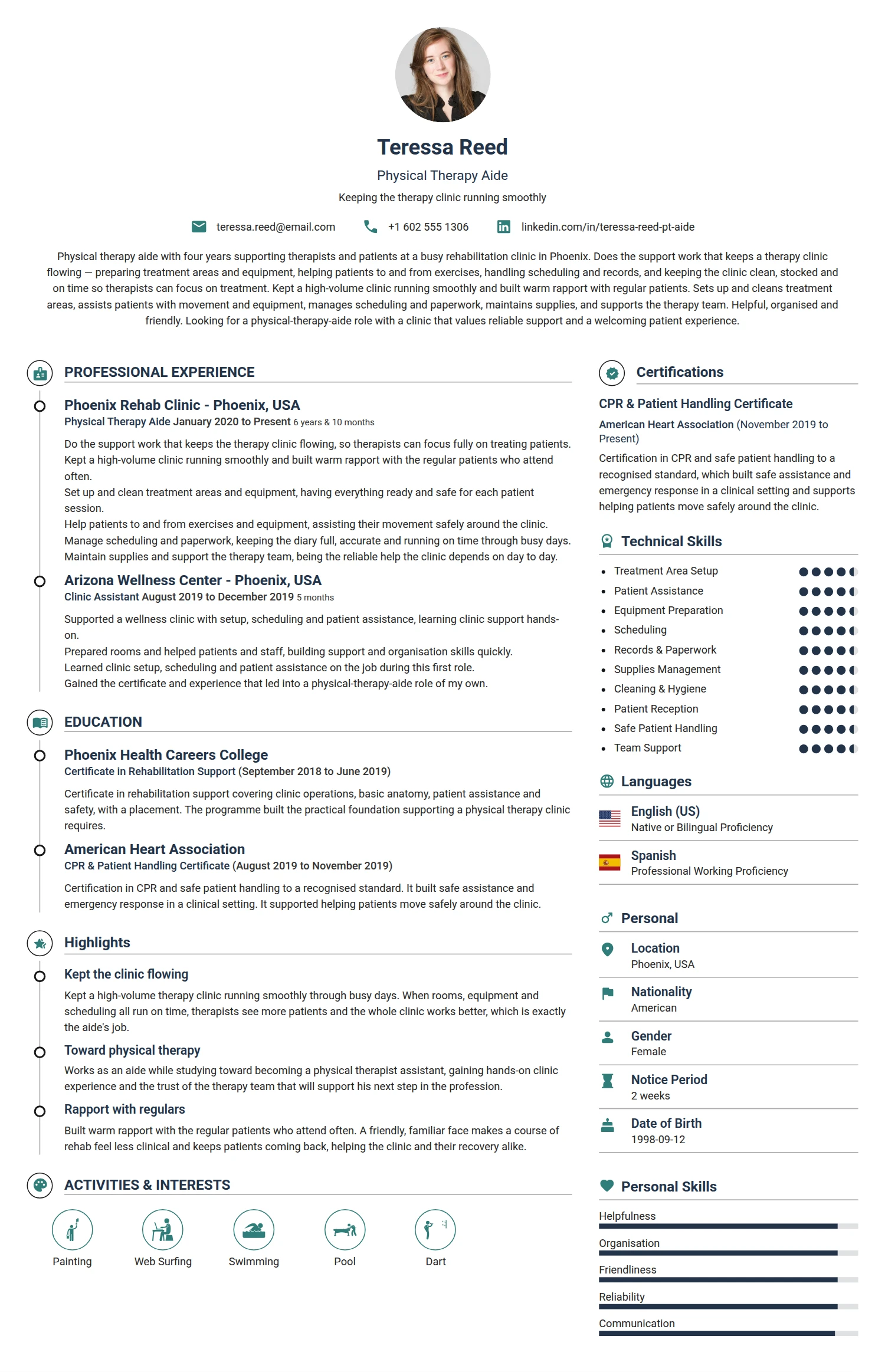 Physical Therapy Aide resume example — a professionally formatted Sports & Fitness CV sample