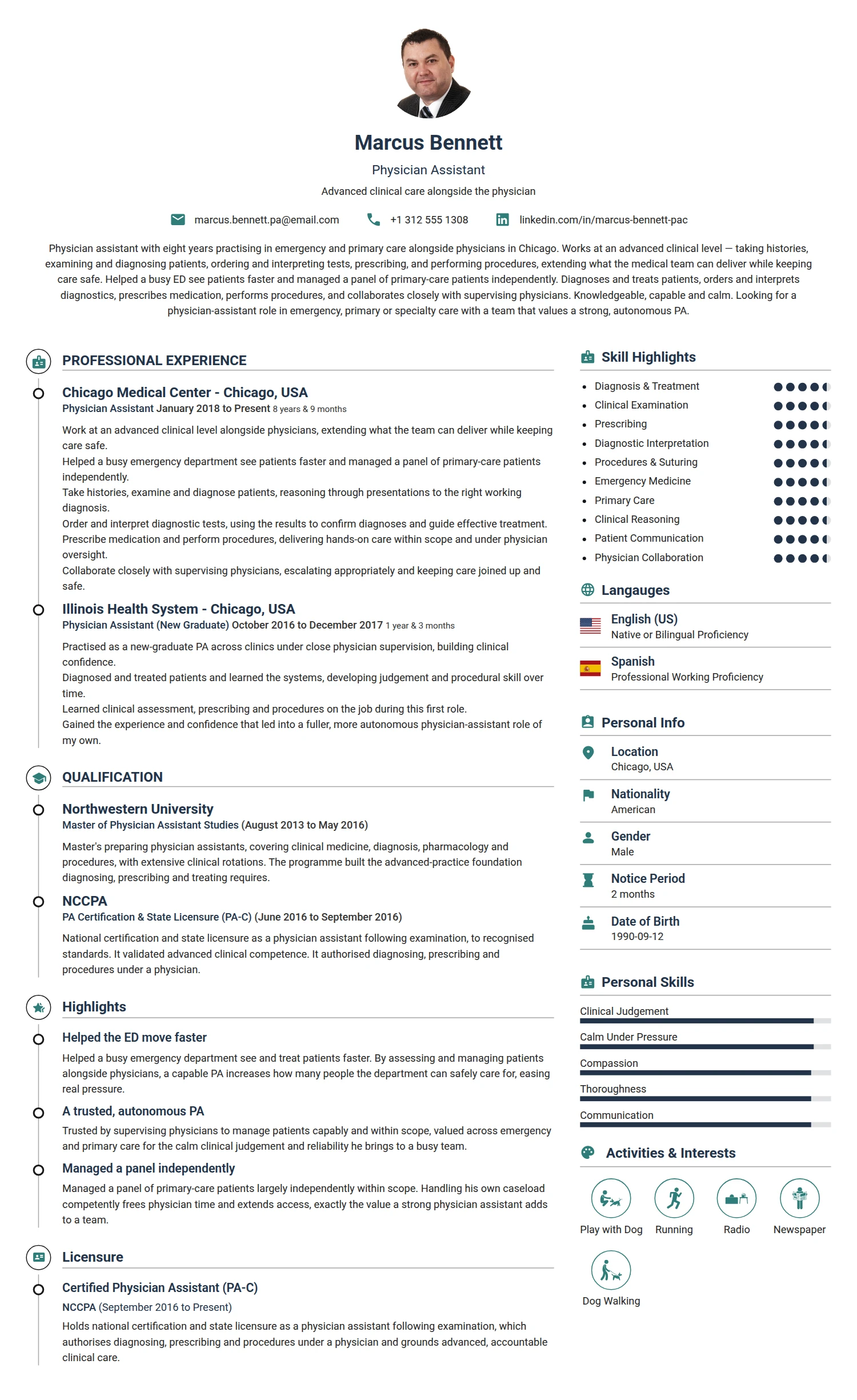 Physician Assistant resume example — a professionally formatted Medical & Healthcare CV sample