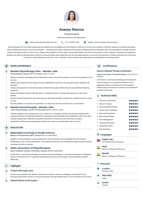 Physiotherapist resume example — a professionally formatted Medical & Healthcare CV sample
