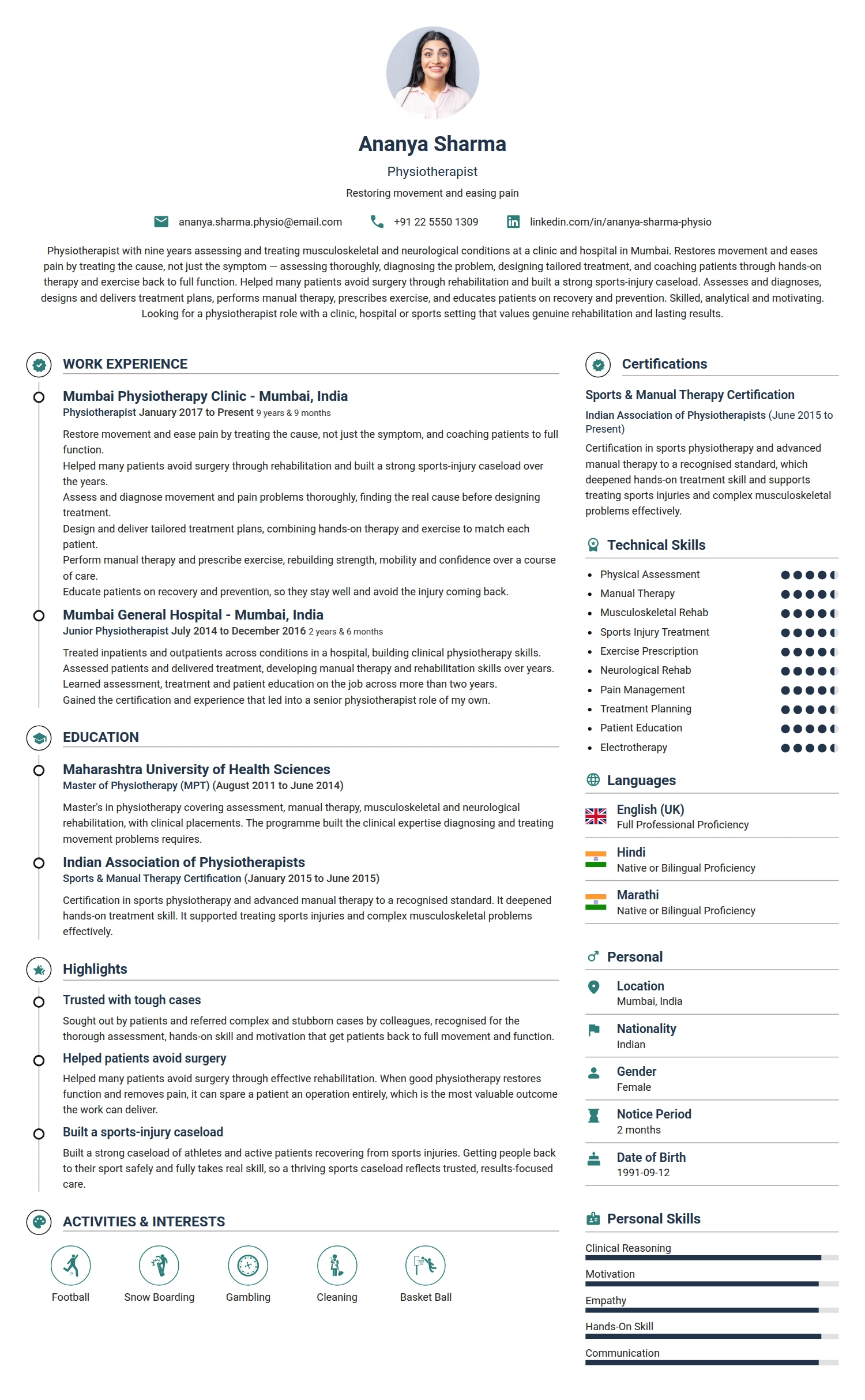 Physiotherapist resume example — a professionally formatted Medical & Healthcare CV sample