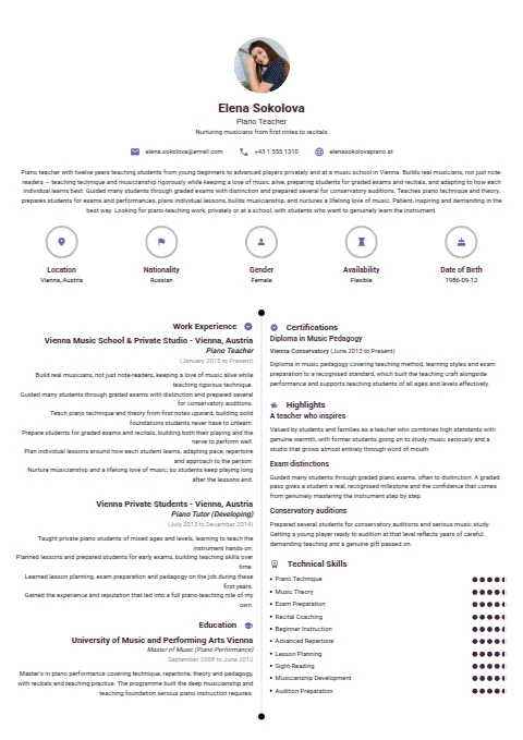 Piano Teacher resume example