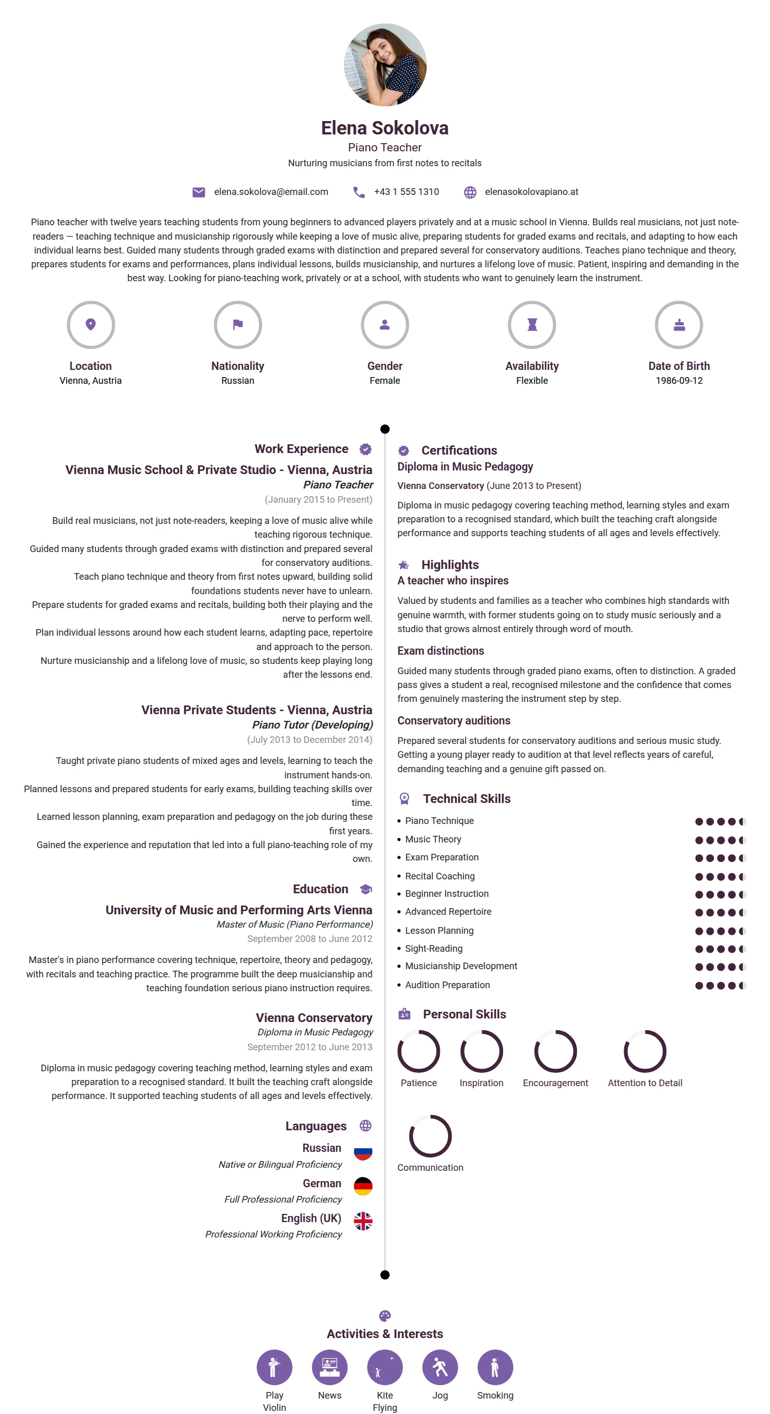 Piano Teacher resume example — a professionally formatted Art/Creative/Design CV sample