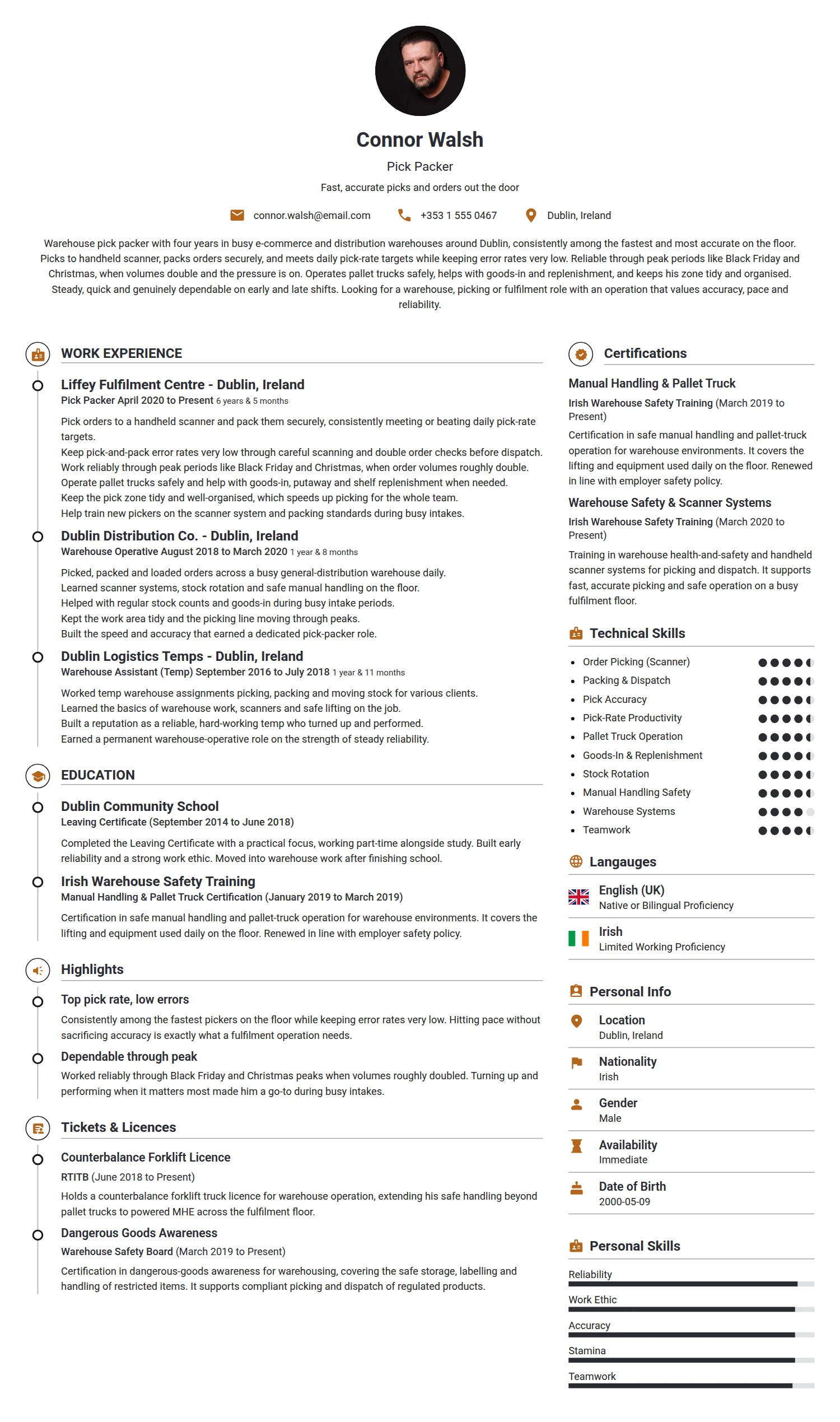 Pick Packer resume example — a professionally formatted Logistics/Supply Chain CV sample
