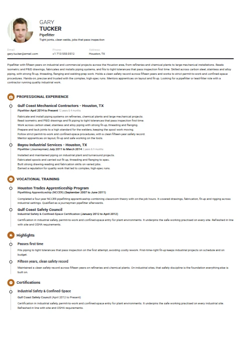 Pipefitter resume example