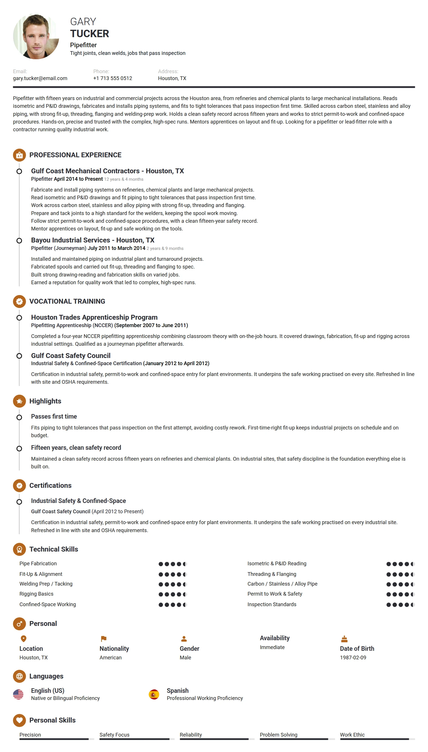 Pipefitter resume example — a professionally formatted Maintenance/Repair CV sample