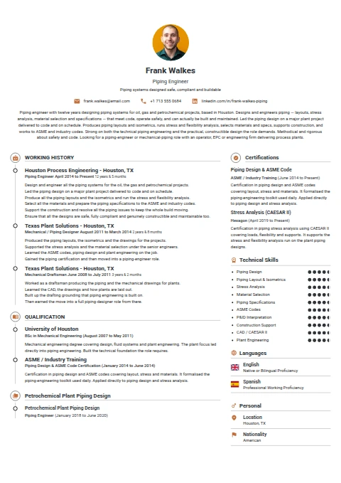 Piping Engineer resume example