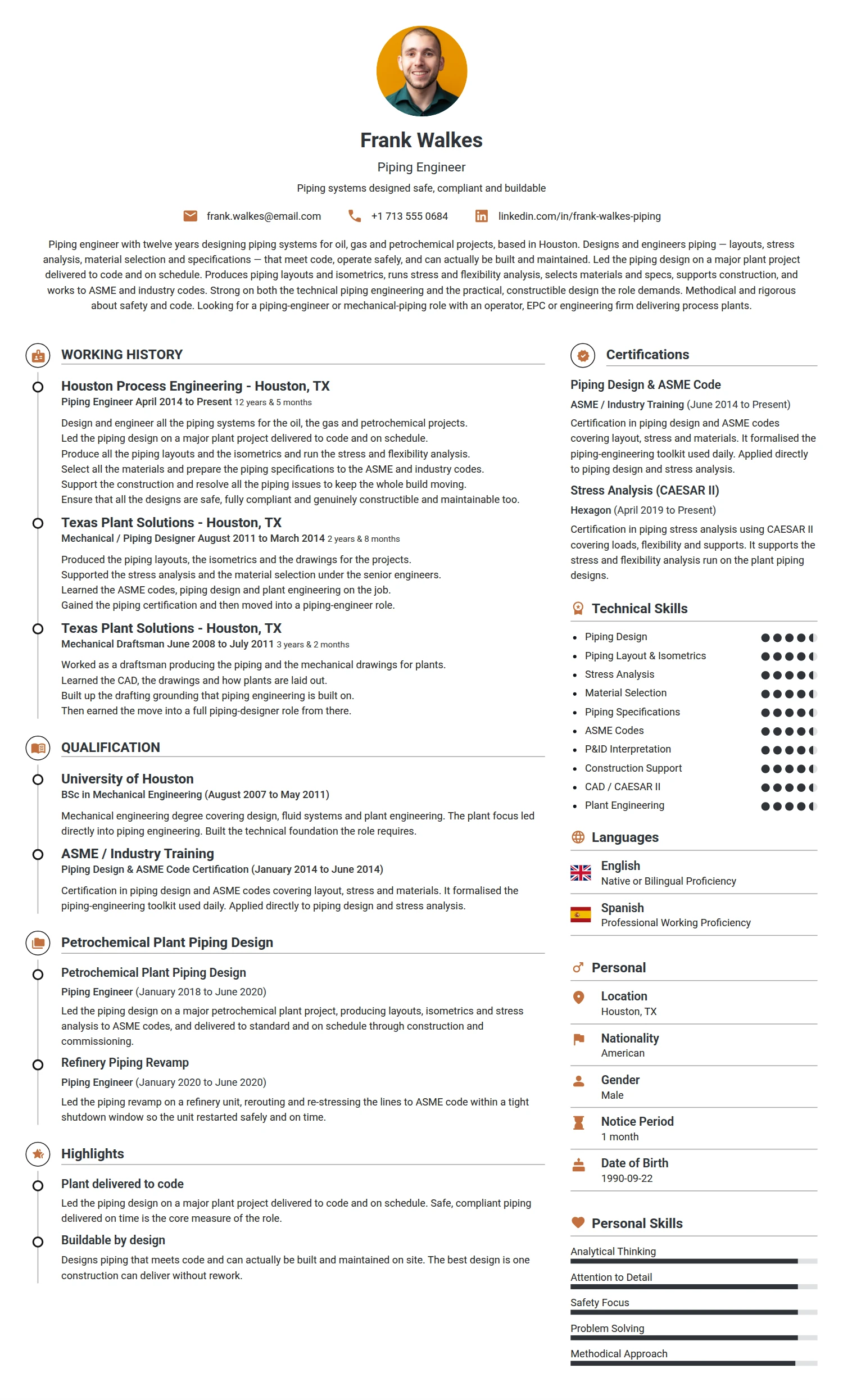 Piping Engineer resume example — a professionally formatted Engineering CV sample