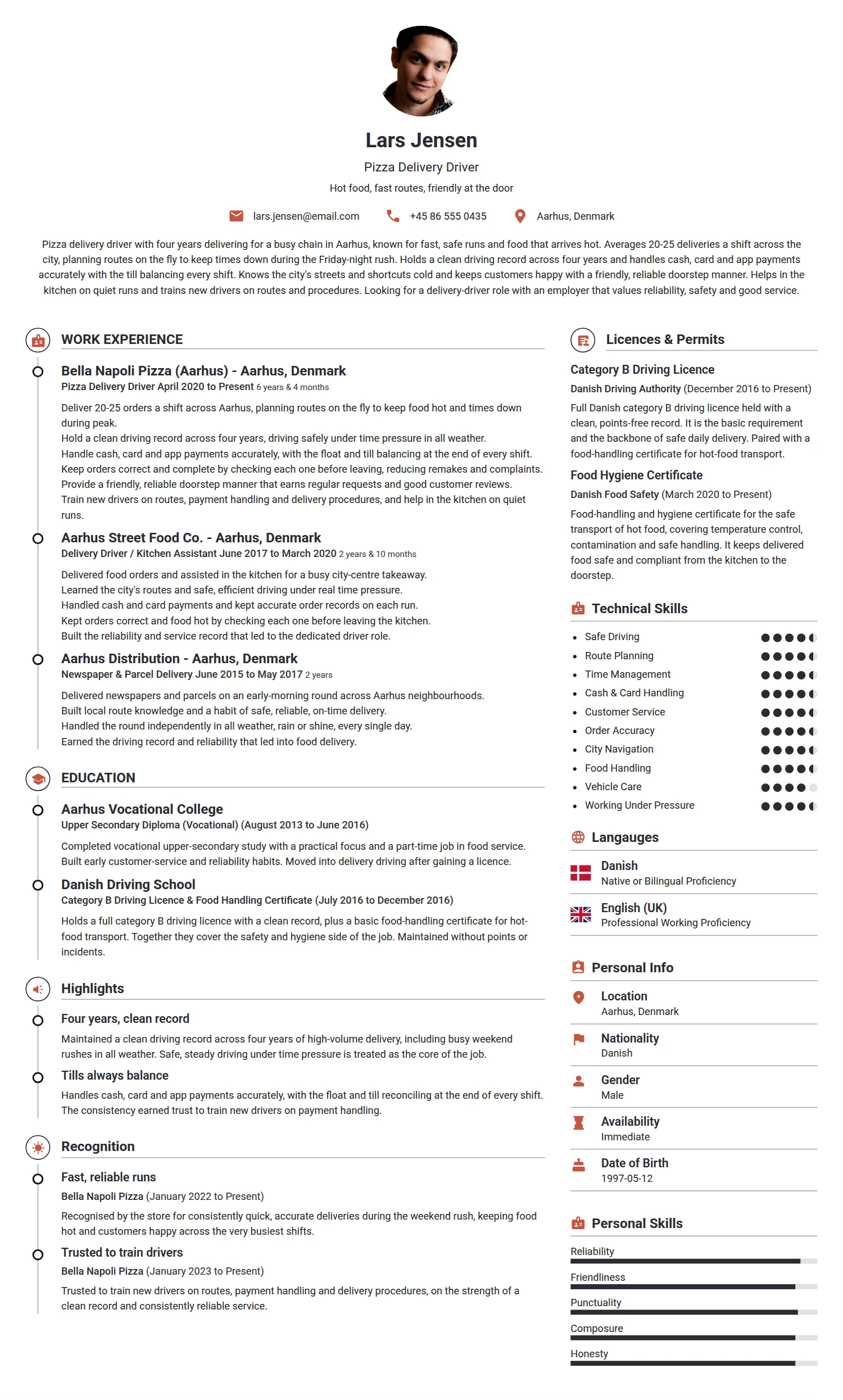 Pizza Delivery Driver resume example — a professionally formatted Transportation CV sample