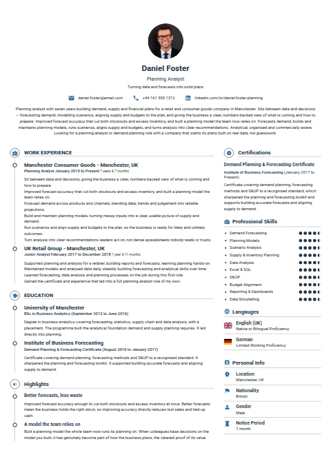 Planning Analyst resume example