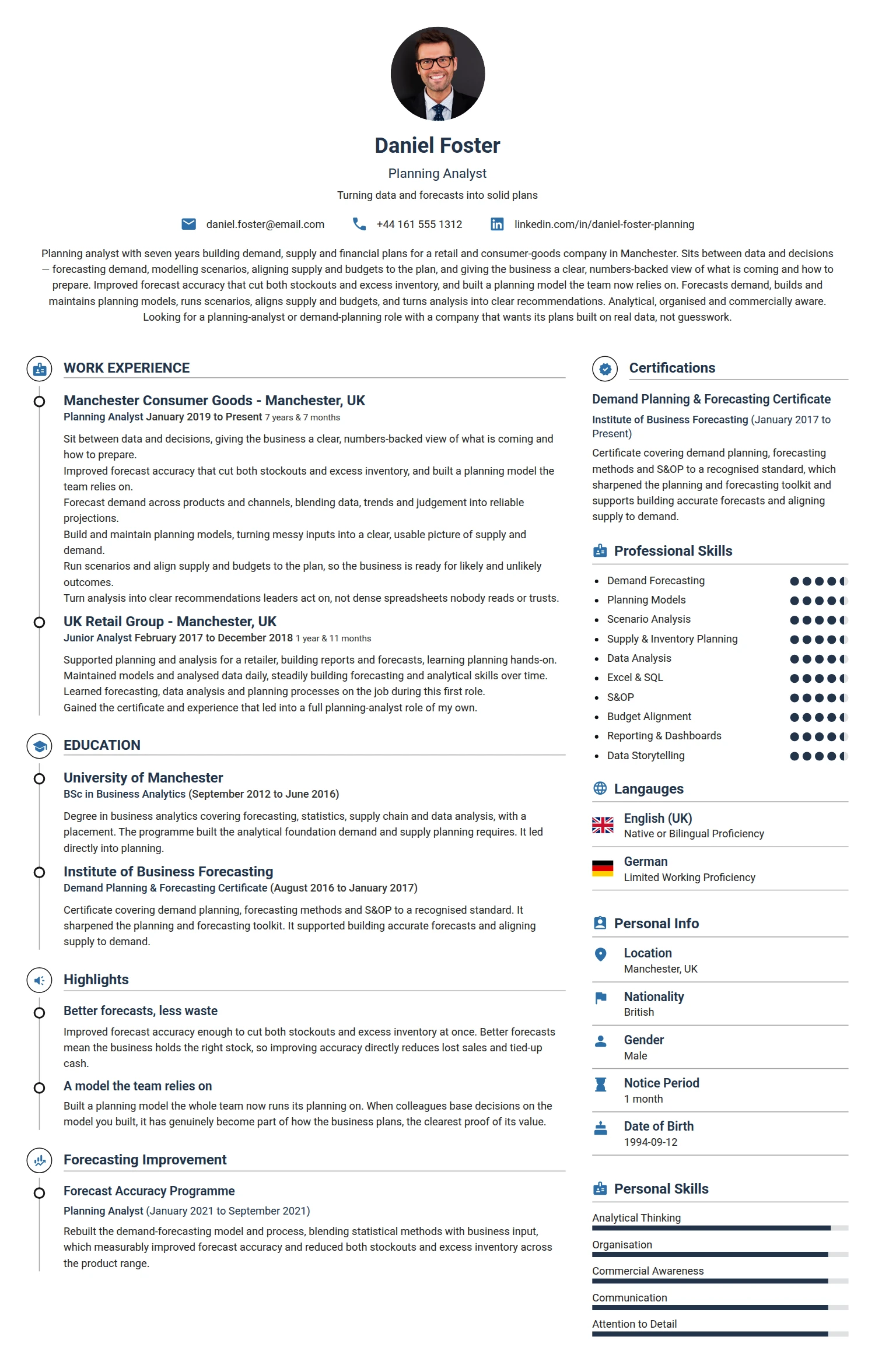 Planning Analyst resume example — a professionally formatted Business Management CV sample