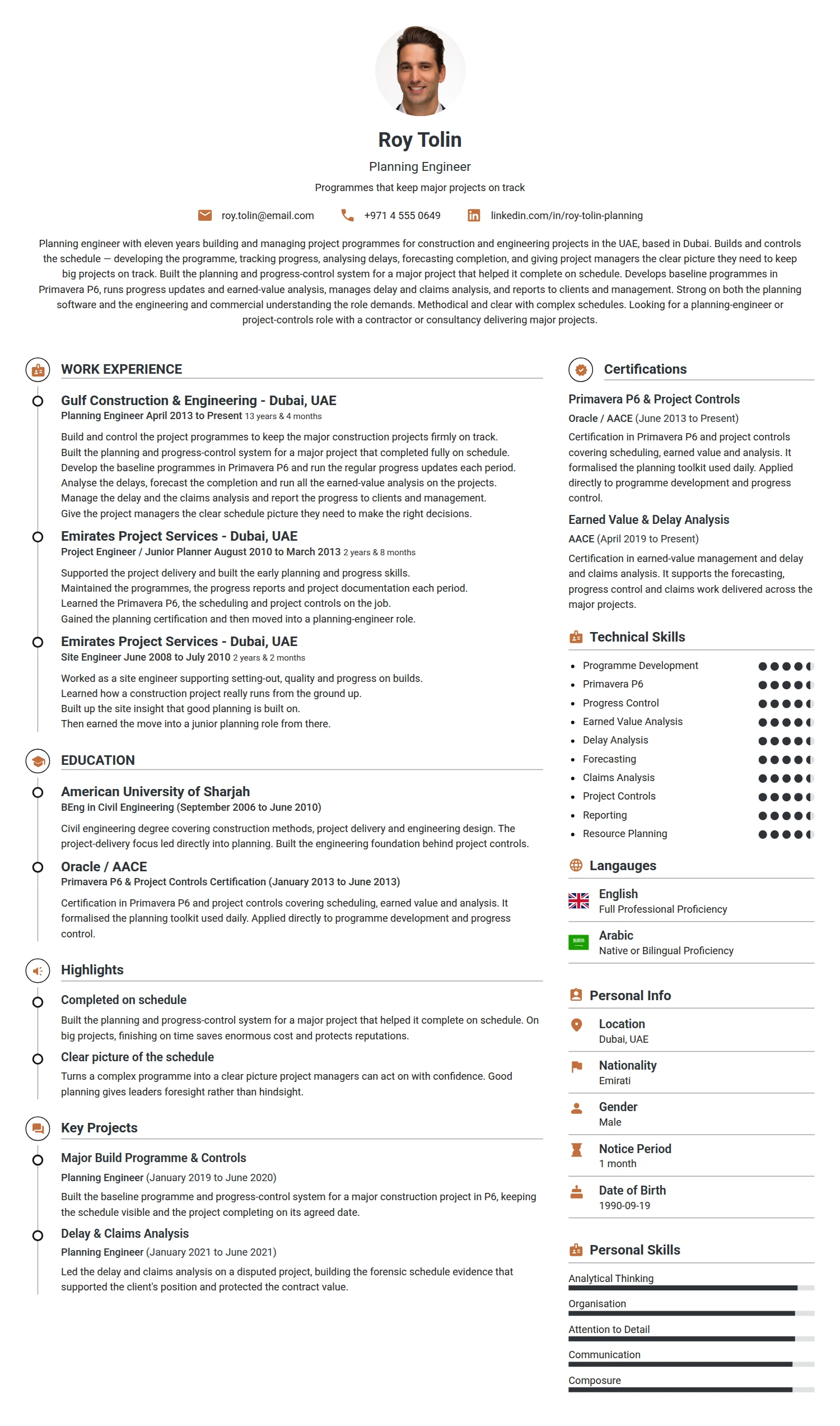 Planning Engineer resume example — a professionally formatted Engineering CV sample