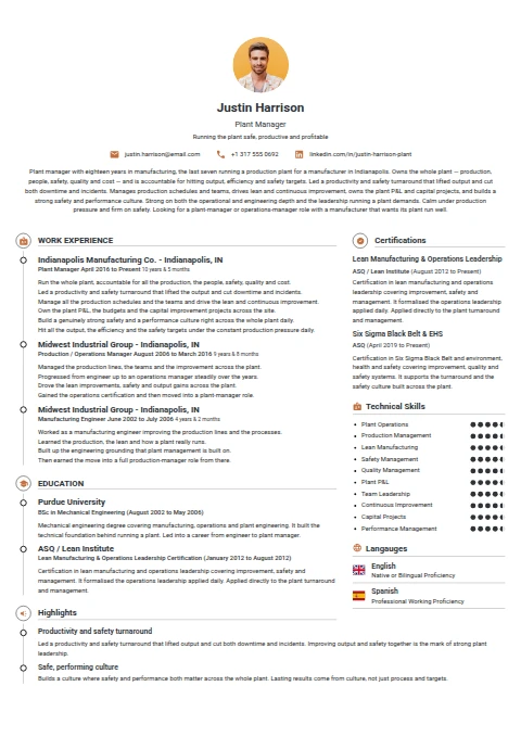Plant Manager resume example