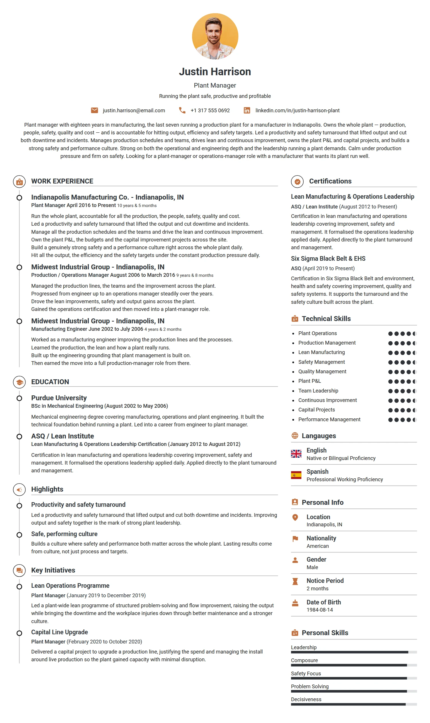 Plant Manager resume example — a professionally formatted Manufacturing CV sample