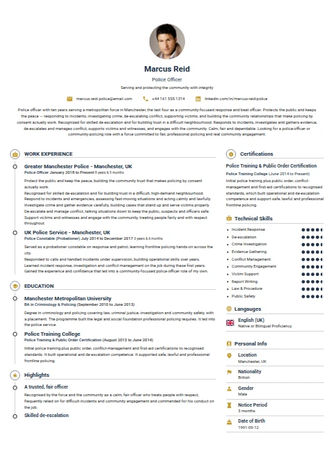 Police Officer resume example — a professionally formatted Law Enforcement/Military/Security CV sample