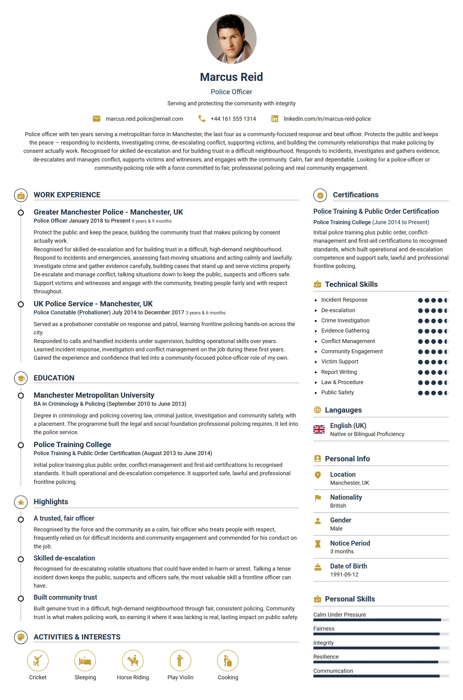 Police Officer resume example — a professionally formatted Law Enforcement/Military/Security CV sample